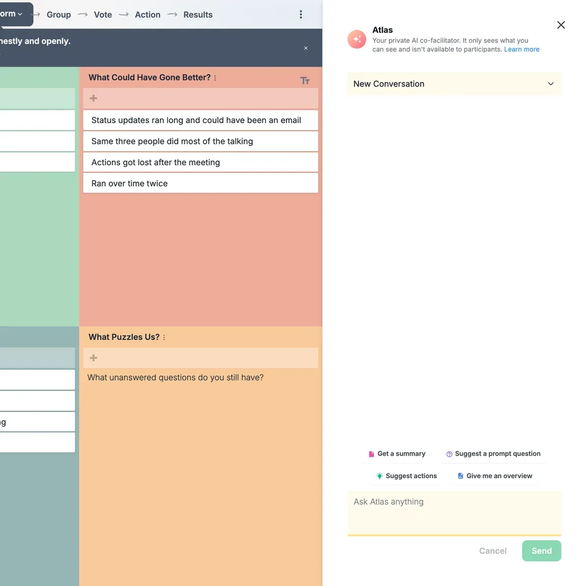 Atlas, GroupMap's AI facilitator, open beside a retro map: quick prompts for a summary, a prompt question, actions or an overview, above the Ask Atlas anything box