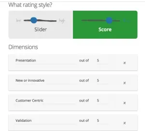 GroupMap judging setup screen with a score rating style and scoring dimensions out of five
