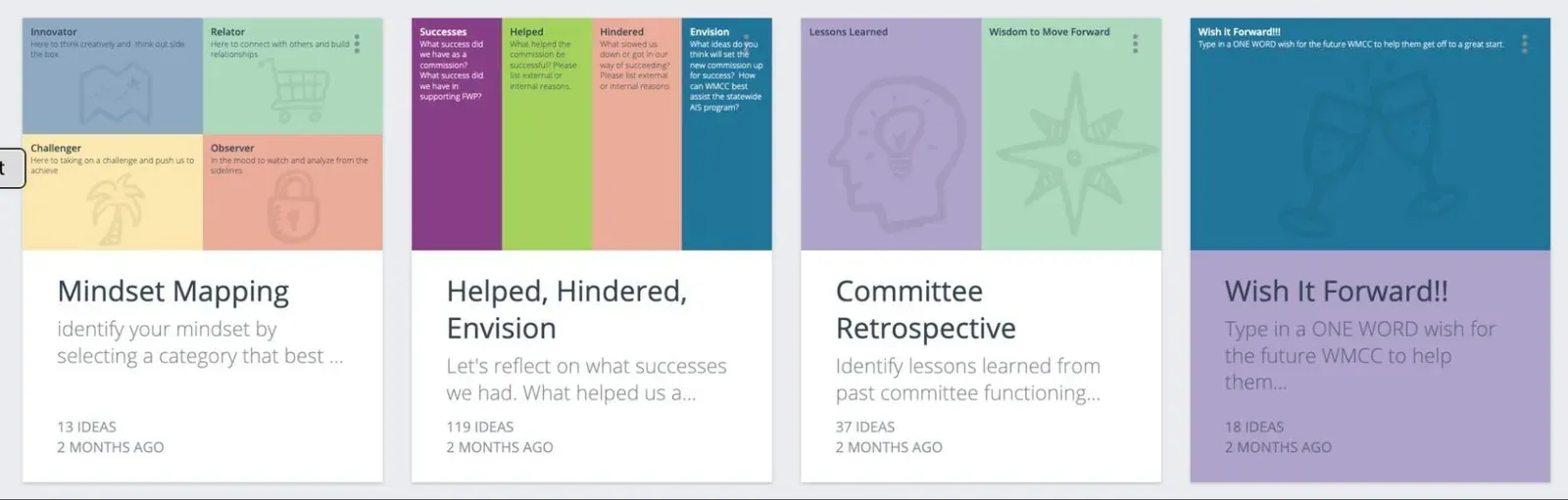 Rachel Gooen GroupMap workspace of facilitation map templates for mindset mapping and retrospectives