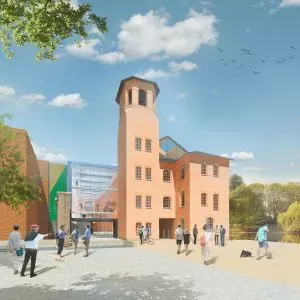 Architectural render of the Museum of Making at Derby Silk Mill with visitors outside