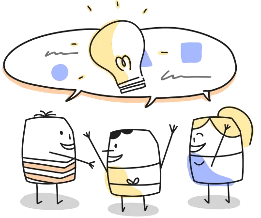 An illustration of a team discussing ideas together under a shared lightbulb.