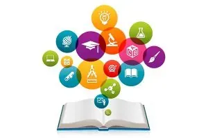 Open book with colorful science and education icons rising from its pages